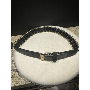 VTG ANNE KLEIN FOR CALDERON Black Leather Belt With Woven Gold Ring Accents SZ S